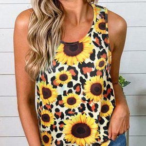 Leopard Sunflower Twist Back Casual Tank